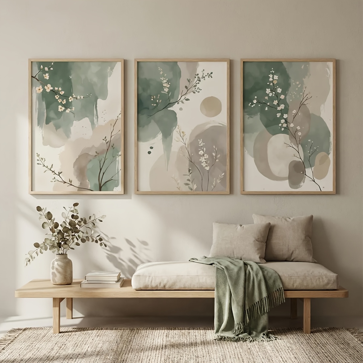 Home Decor Youtube - 3-teiliges Japanisches Pflanzen-Leinwandbild Rahmenlose Abstrakte Aquarell-Salbeigrün