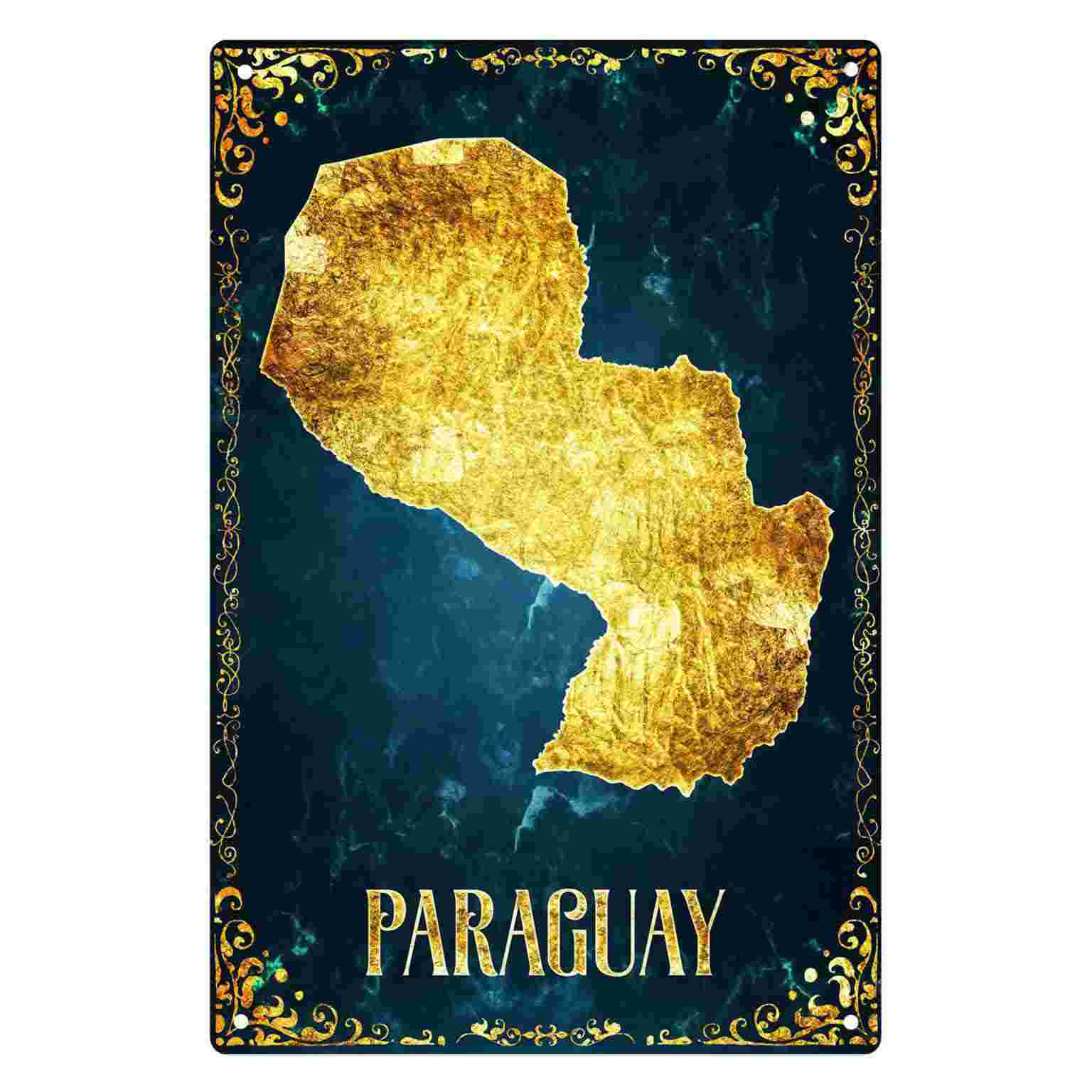 Home Decor Gold - 2D FLAT 1 Stück Goldfarbenes Paraguay-Karten-Metall-Wandschild