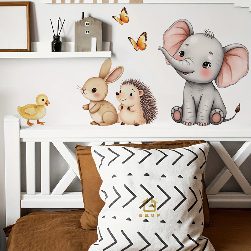 Home Decor Kit - Cartoon-Tier-Wandaufkleber – Elefant, Hase, Igel, Kinderzimmer-Aufkleber,