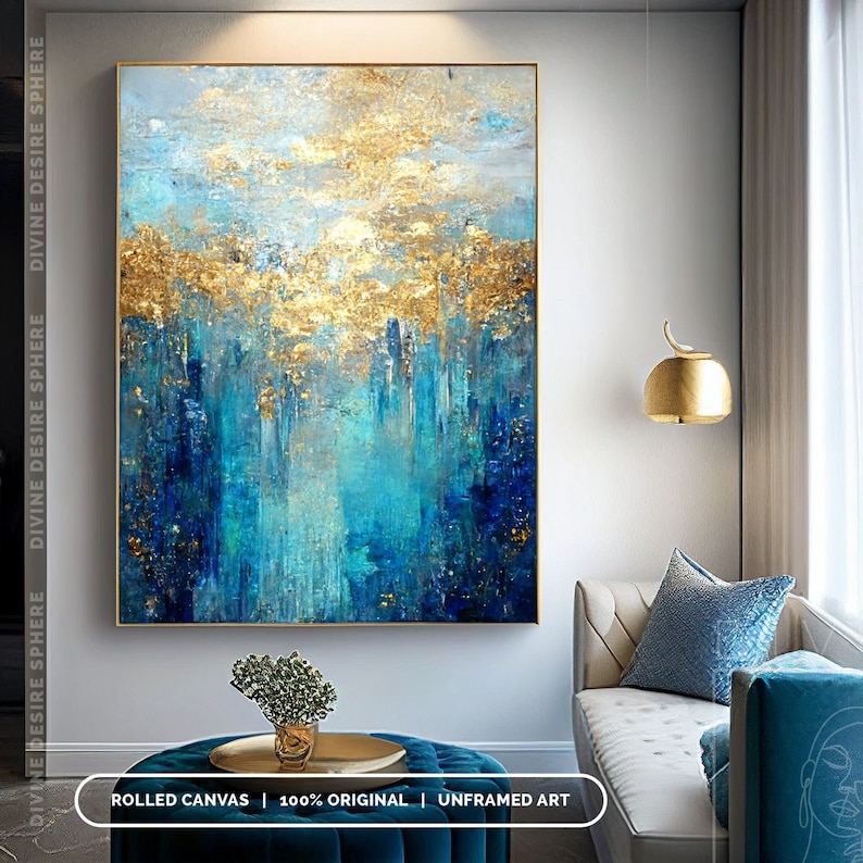 Home Decor Gold - Großes modernes Goldfolien-Acrylgemälde, glänzendes Gold, dunkelblau,