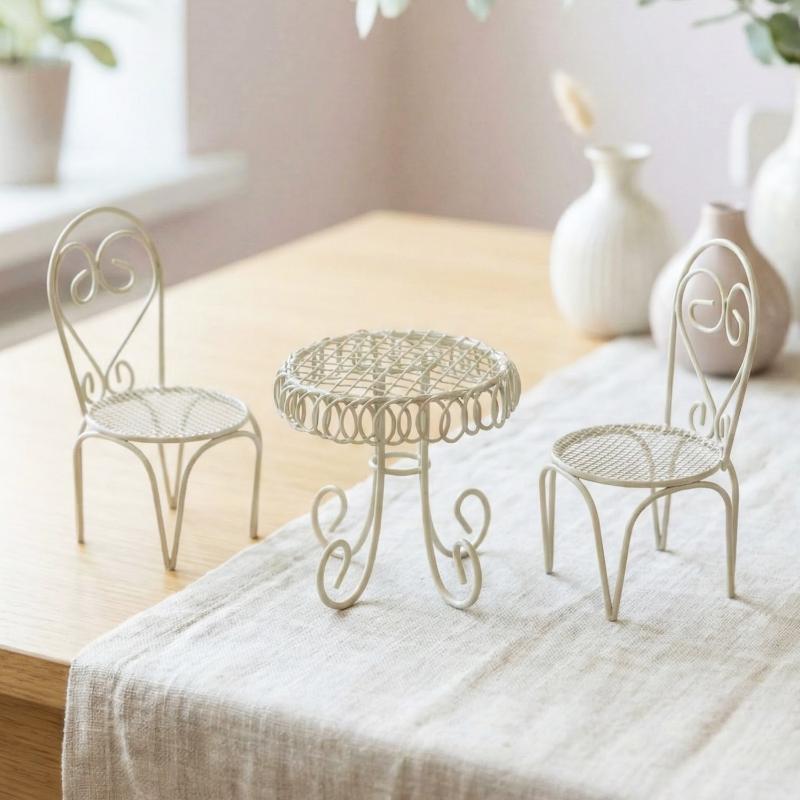 Home Decor Deals - 1/3-teiliges Puppenhaus-Garten-Display-Ornament, Requisiten-Zubehör, Miniatur-Tisch-Stuhl-Modell, winzige Heimdekoration,