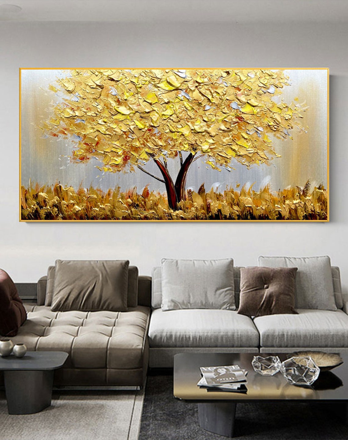 Home Decor Gold - Blühender Goldbaum auf Leinwand Abstraktes Pflanzen-Blumen-Ölgemälde