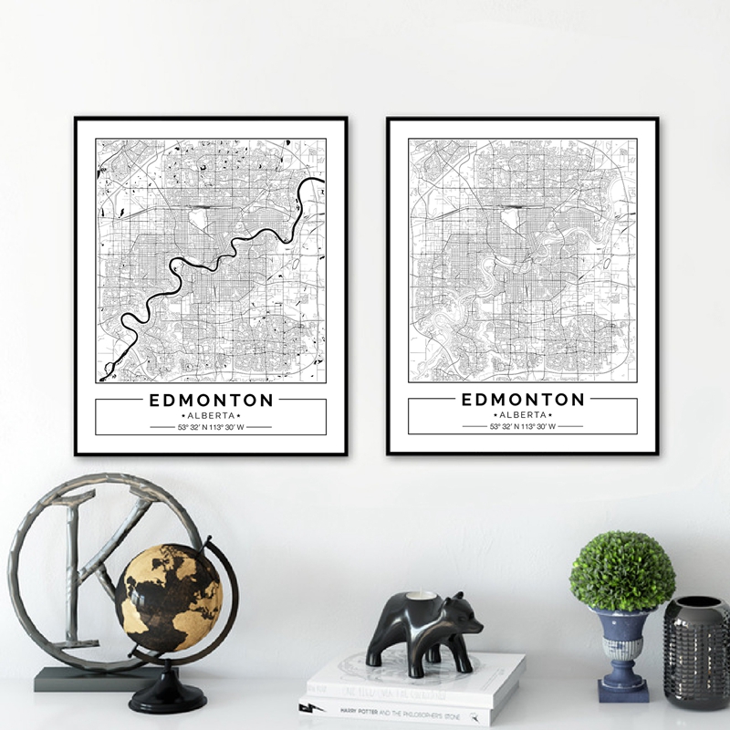 Home Decor Canada - Edmonton Alberta Karte Schwarz Weiß Leinwand